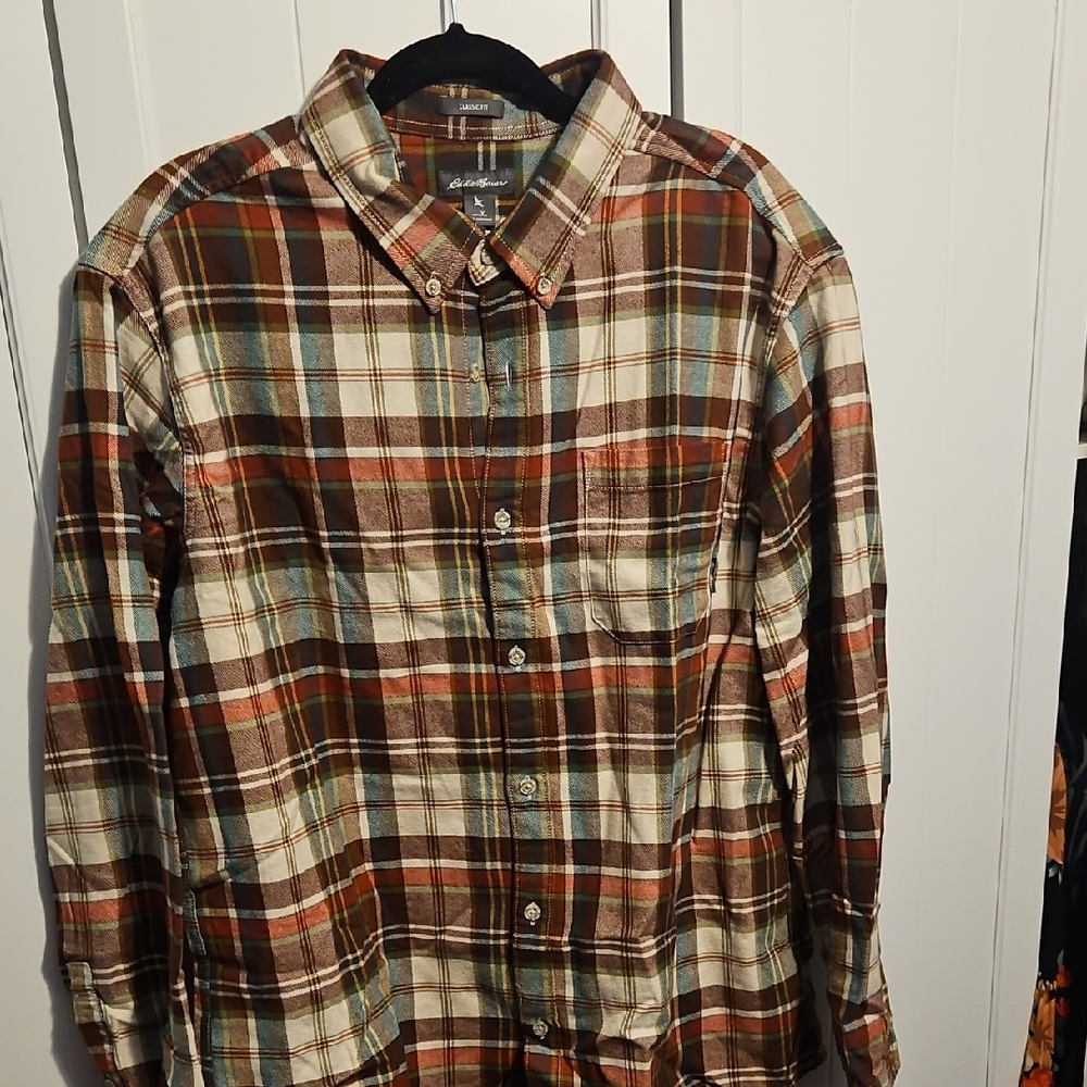 Eddie Bauer Brown/Wine/Rust Multicolor Plaid Casual Shirt XL Classic fit men's
